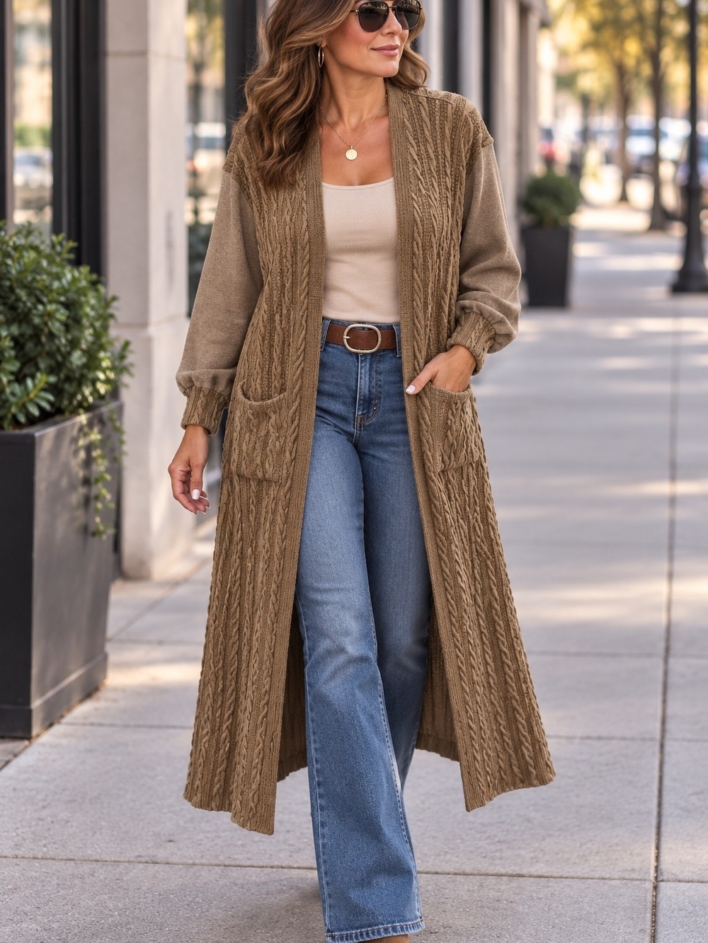 Suzanne Betro Long Cable Knit Open-Front Cardigan - Tan
